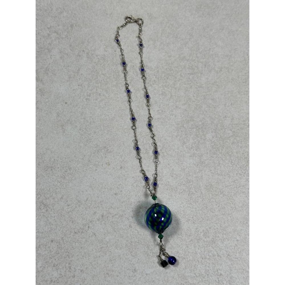 925 Sterling Silver Murano Style Art Glass Swirl Pendant Necklace 14”
